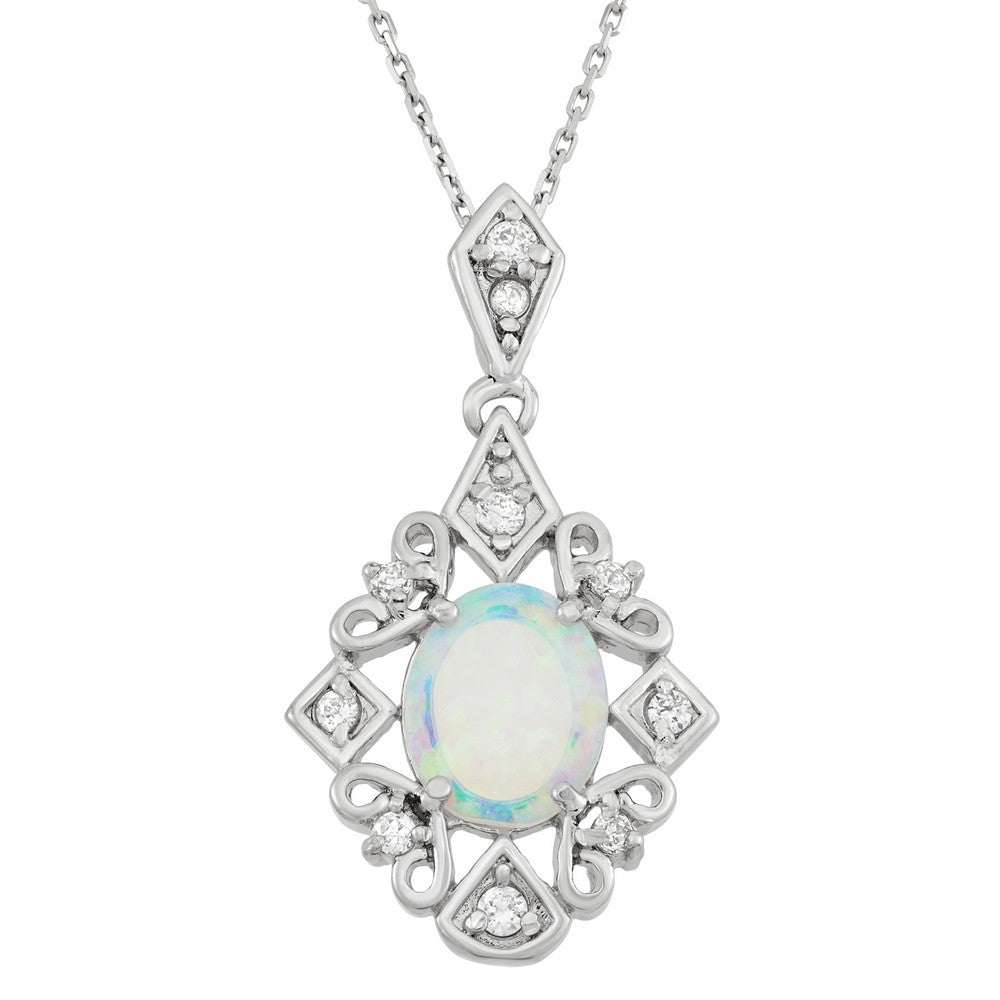 Sterling Silver Diamond Shape W/ CZ's & Oval Opal Stone Pendant