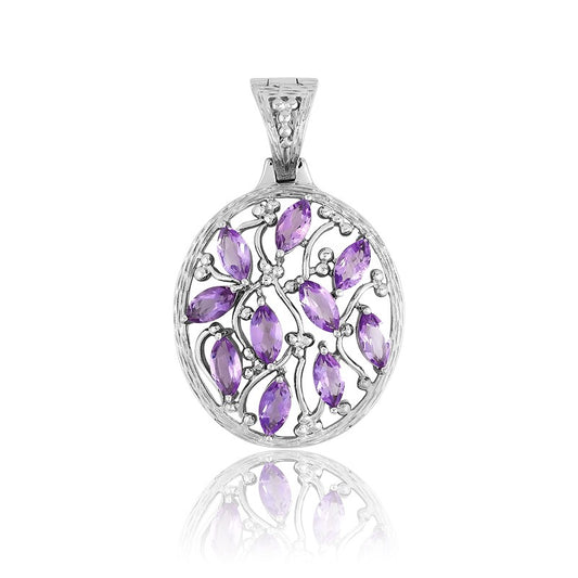 Sterling Silver Multiple Amethyst Marquise Gem, Circle Floral-Designed Pendant