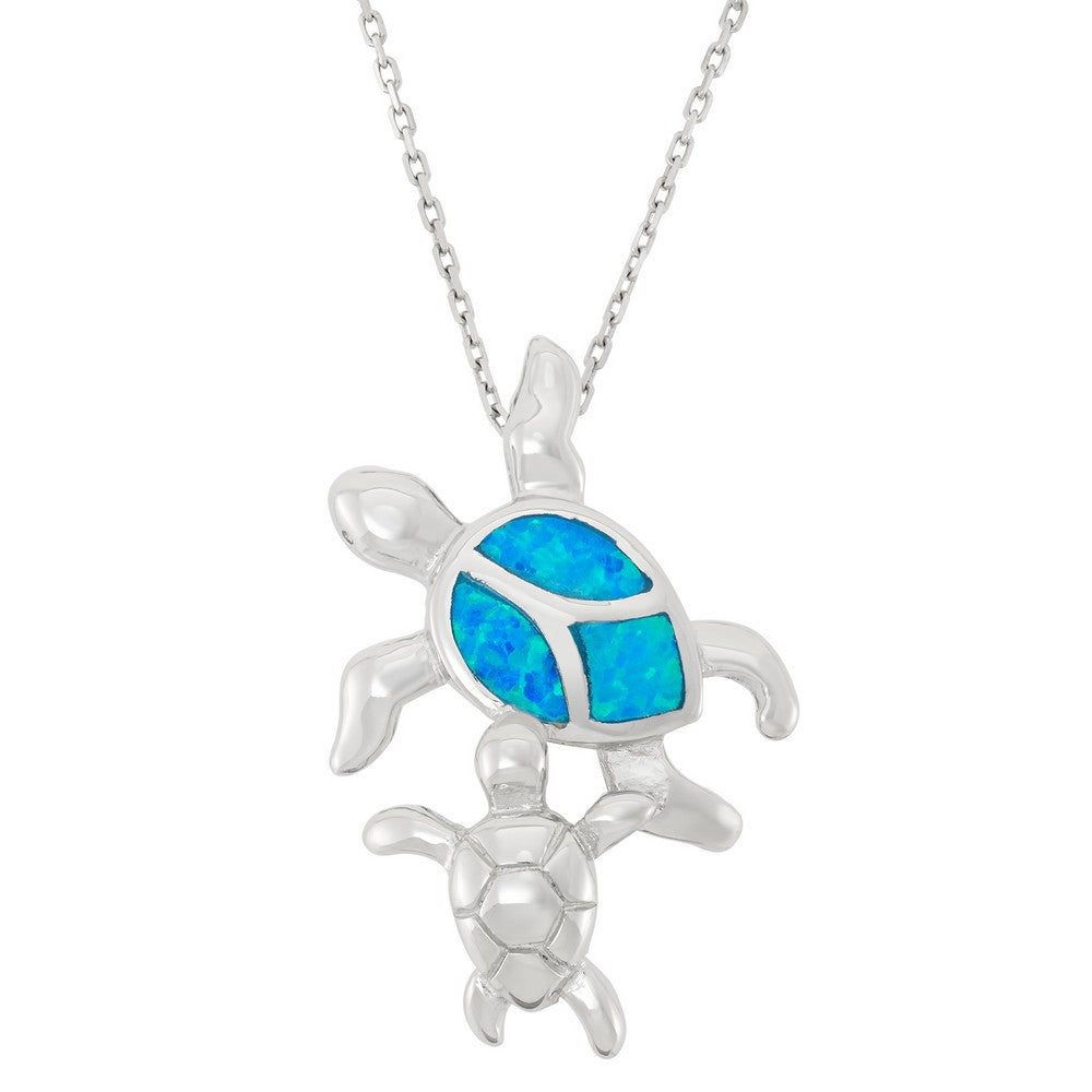 Sterling Silver Turtle Swimming w/ Blue Inlay Opal Turtle Pendant