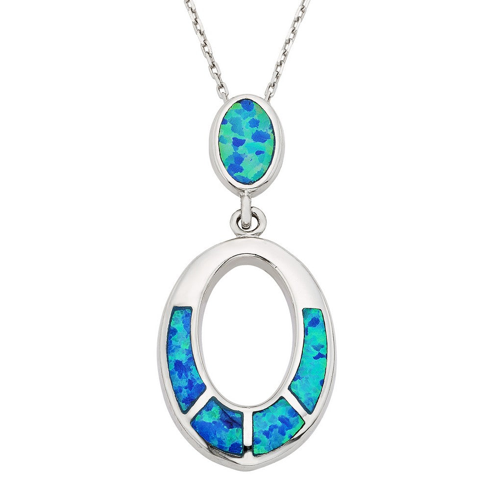 Sterling Silver Blue Inlay Opal Open Oval Pendant