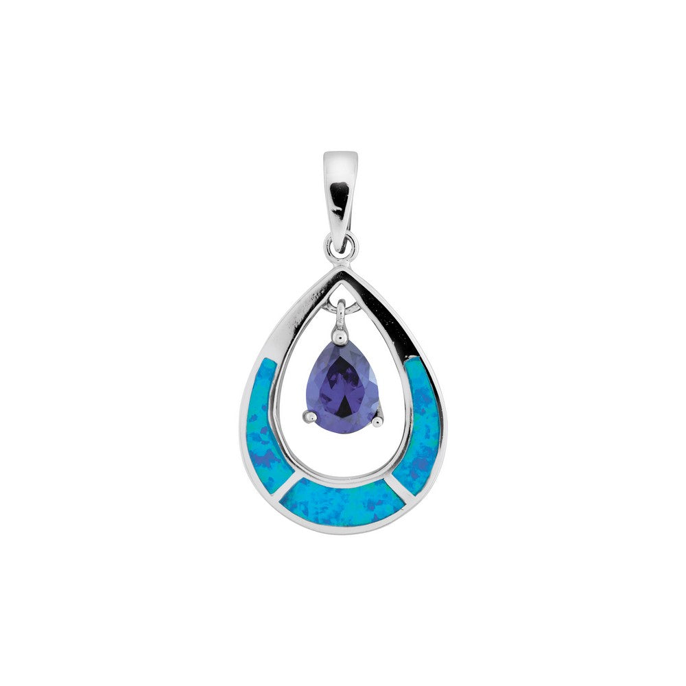 Sterling Silver Blue Inlay Opal Open Oval w/Blue Teardrop CZ Pendant