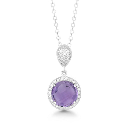 Sterling Silver Diamond and Round 9mm Gem Pendant - Amethyst