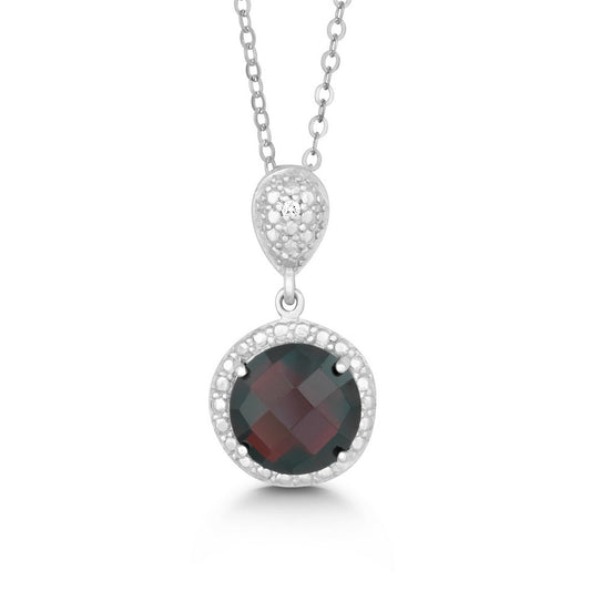 Sterling Silver Diamond and Round 9mm Gem Pendant - Garnet