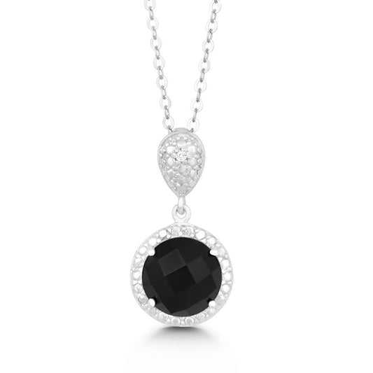 Sterling Silver Diamond and Round 9mm Stone Pendant - Black Onyx