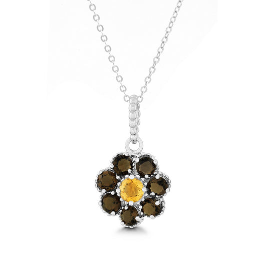 Sterling Silver Smokey Petals with Citrine Center Flower Pendant