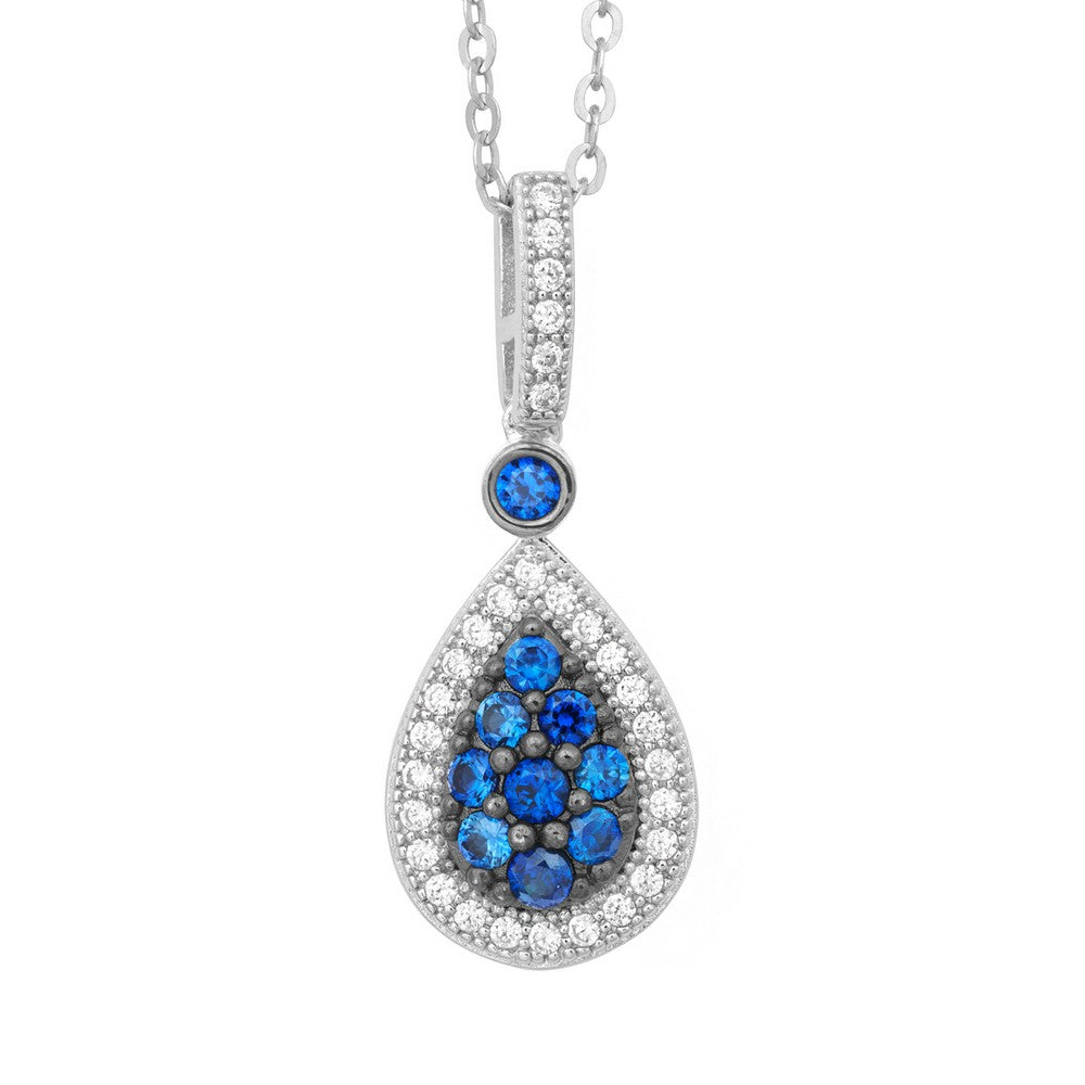 Sterling Silver Tearshaped Sapphire and White CZ Micro Pave Pendant