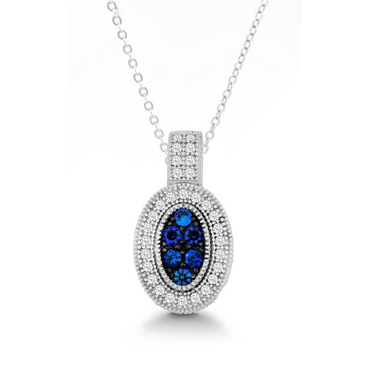 Sterling Silver Oval Sapphire and White CZ Micro Pave Pendant