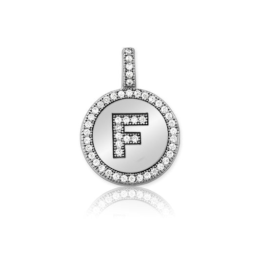 Sterling Silver Micro Pave Circle "F" Pendant W/Chain