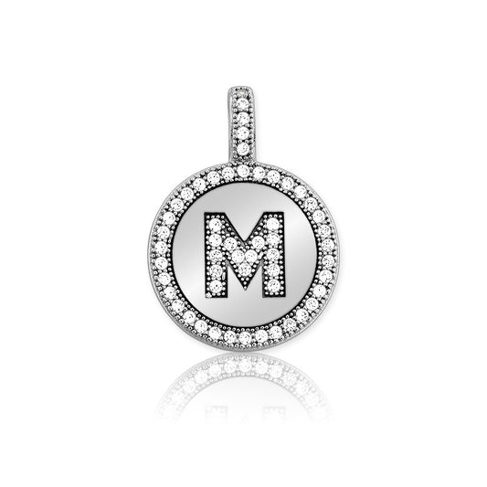 Sterling Silver Micro Pave Circle "M" Pendant W/Chain