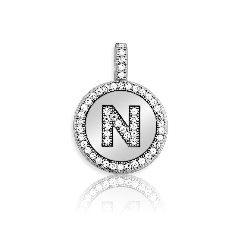 Sterling Silver Micro Pave Circle "N" Pendant W/Chain