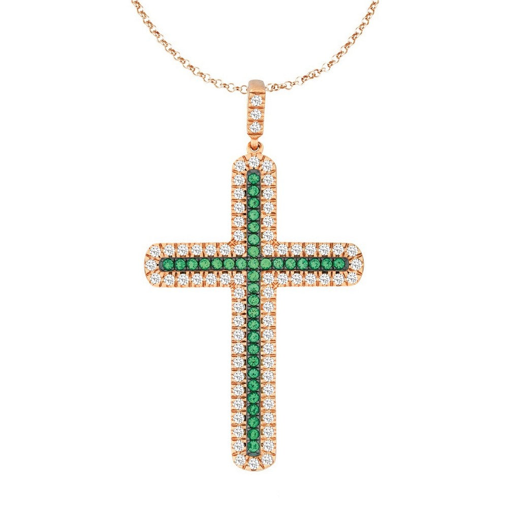 Sterling Silver Emerald and Clear CZ Micro Pave Cross Pendant - Rose Gold Plated