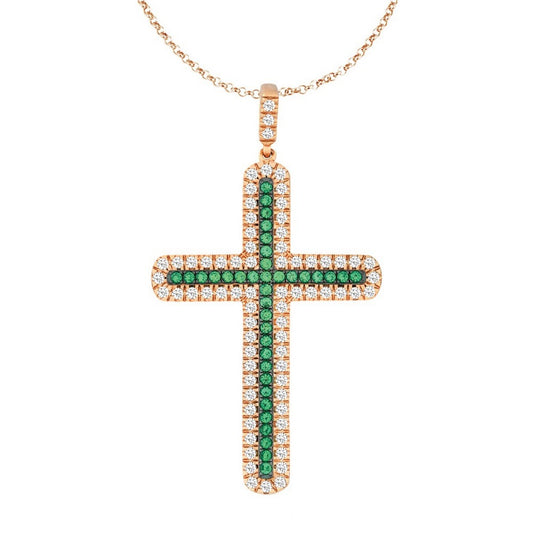 Sterling Silver Emerald and Clear CZ Micro Pave Cross Pendant - Rose Gold Plated