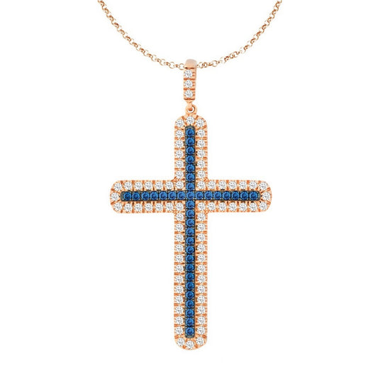 Sterling Silver Saphirre and Clear CZ Micro Pave Cross Pendant - Rose Gold Plated