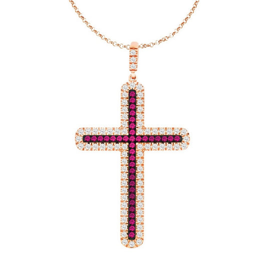 Sterling Silver Ruby and Clear CZ Micro Pave Cross Pendant - Rose Gold Plated