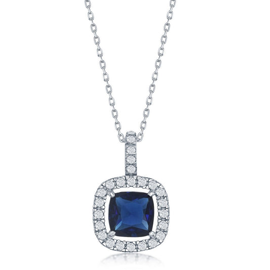 Sterling Silver White CZ Square Pendant - Blue Sapphire