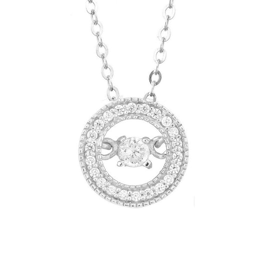 Sterling Silver Micro Pave with Center Dancing/Shimmering CZ Circle Pendant W/Chain