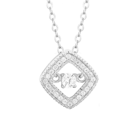 Sterling Silver Micro Pave with Center Dancing/Shimmering CZ Square Pendant W/Chain