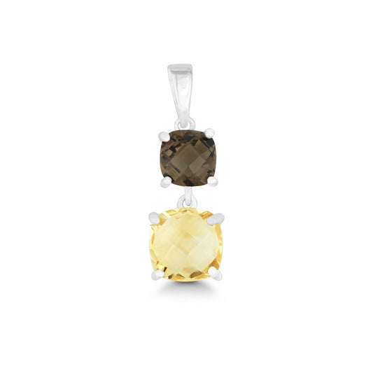 Sterling Silver Square Smokey and Citrine Prong Set Double Pendant