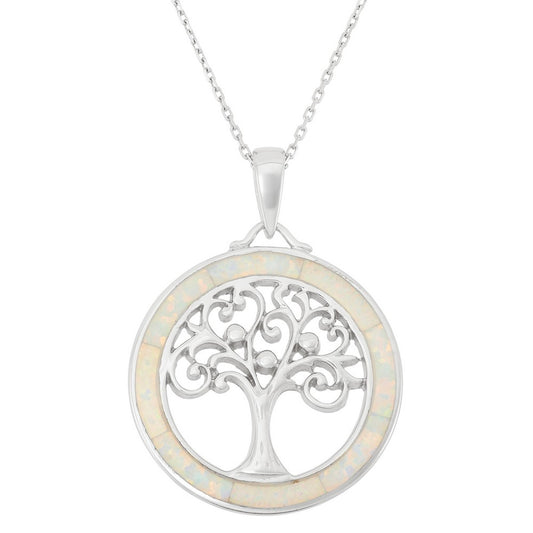 Sterling Silver White Inlay Opal Tree of Life Pendant