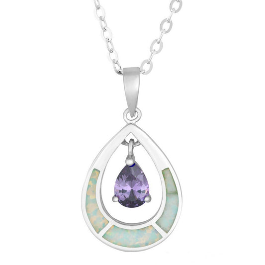 Sterling Silver White Inlay Opal Open Oval w/Purple Teardrop CZ Pendant