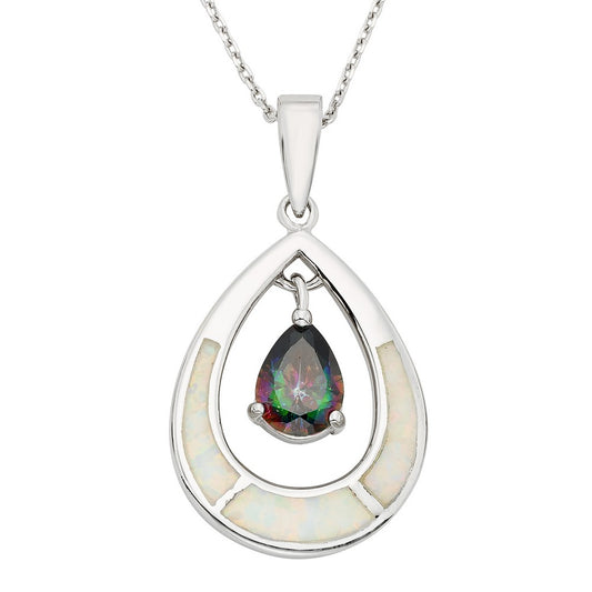 Sterling Silver White Inlay Opal Open Oval w/Rainbow Teardrop CZ Pendant