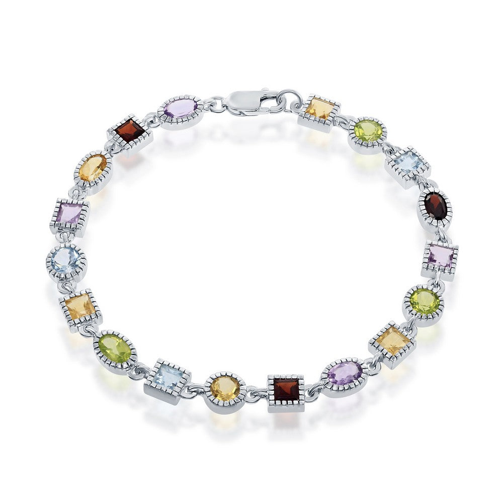 Sterling Silver Oval & Square Gem Bracelet - Multi-Gem