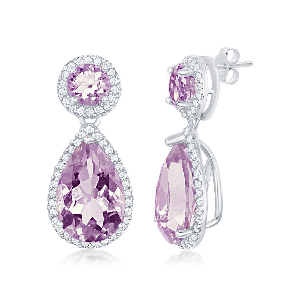 Sterling Silver Round & Pear-Shaped 5.4cttw Amethyst with 1.96cttw White Topaz Border Earrings