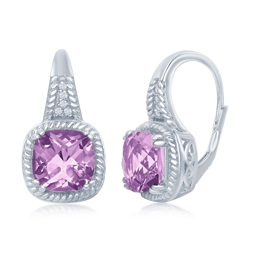 Sterling Silver Four-Prong 0.7476cttw Amethyst Rope Design 0.07cttw White Topaz Earrings