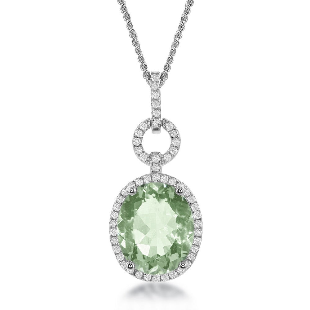 Sterling Silver Green Amethyst Oval with White Topaz Border 4.77cttw Necklace