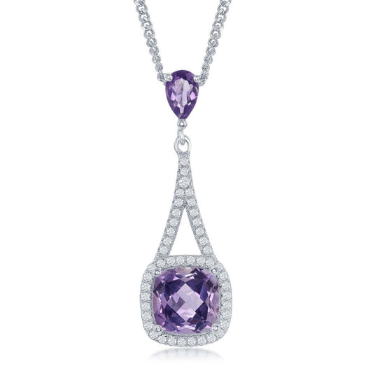 Sterling Silver Long Square 2.6ctw Amethyst with 0.35ctw White Topaz Border  Necklace