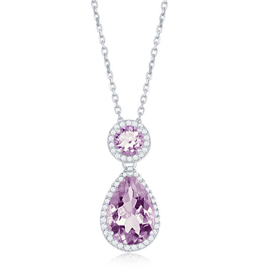 Sterling Silver Round & Pear-Shaped 2.7cttw Amethyst with 0.963cttw White Topaz Border Necklace