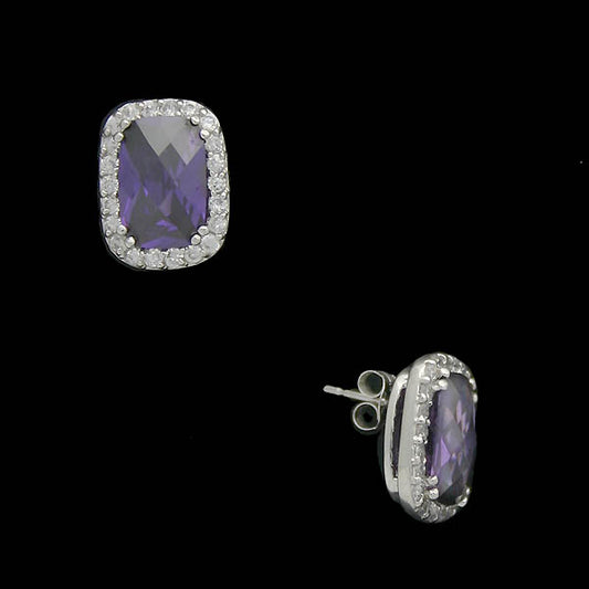 Sterling Silver Rectangle Amethyst & Clear CZ Earring