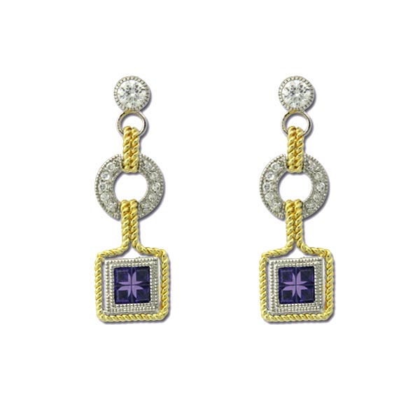 Sterling Silver Two-Tone with Clear CZ and Square Amethyst CZ Dangling Earrings