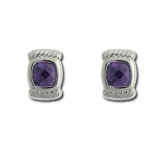 Sterling Silver Small Square Amethyst CZ Earrings