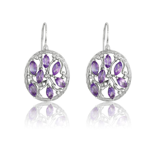 Sterling Silver Multiple Amethyst Marquise Gem, Circle Floral-Designed Earrings