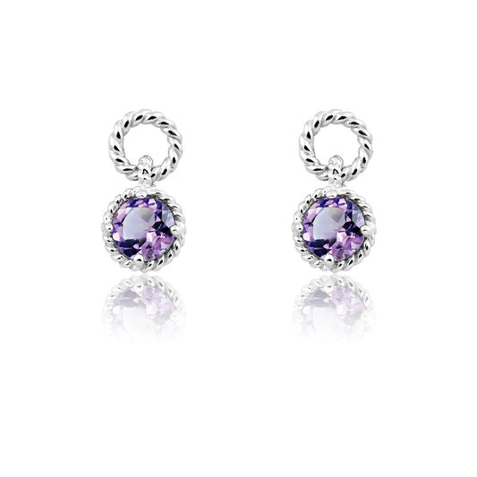 Sterling Silver Round-Gem Twisted Wire Circle Earrings - Amethyst