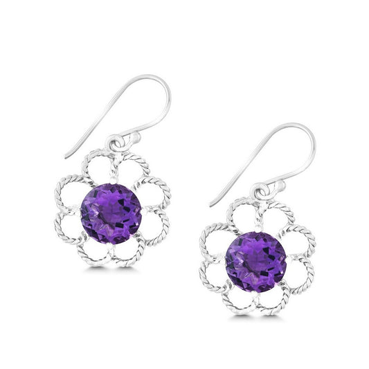 Sterling Silver Open Petal Flower with Center Round Amethyst Earrings