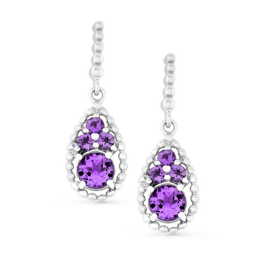 Sterling Silver Tearshaped Cluster of Round Amethyst Earrings