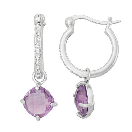 Sterling Silver Hanging Square Amethyst on Dime Sized Hoop Earrings