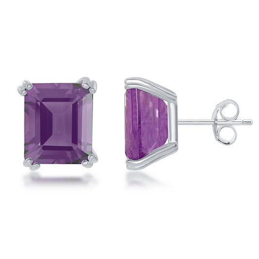 Sterling Silver Rectangle Prong Set Gem Stud Earrings - Amethyst