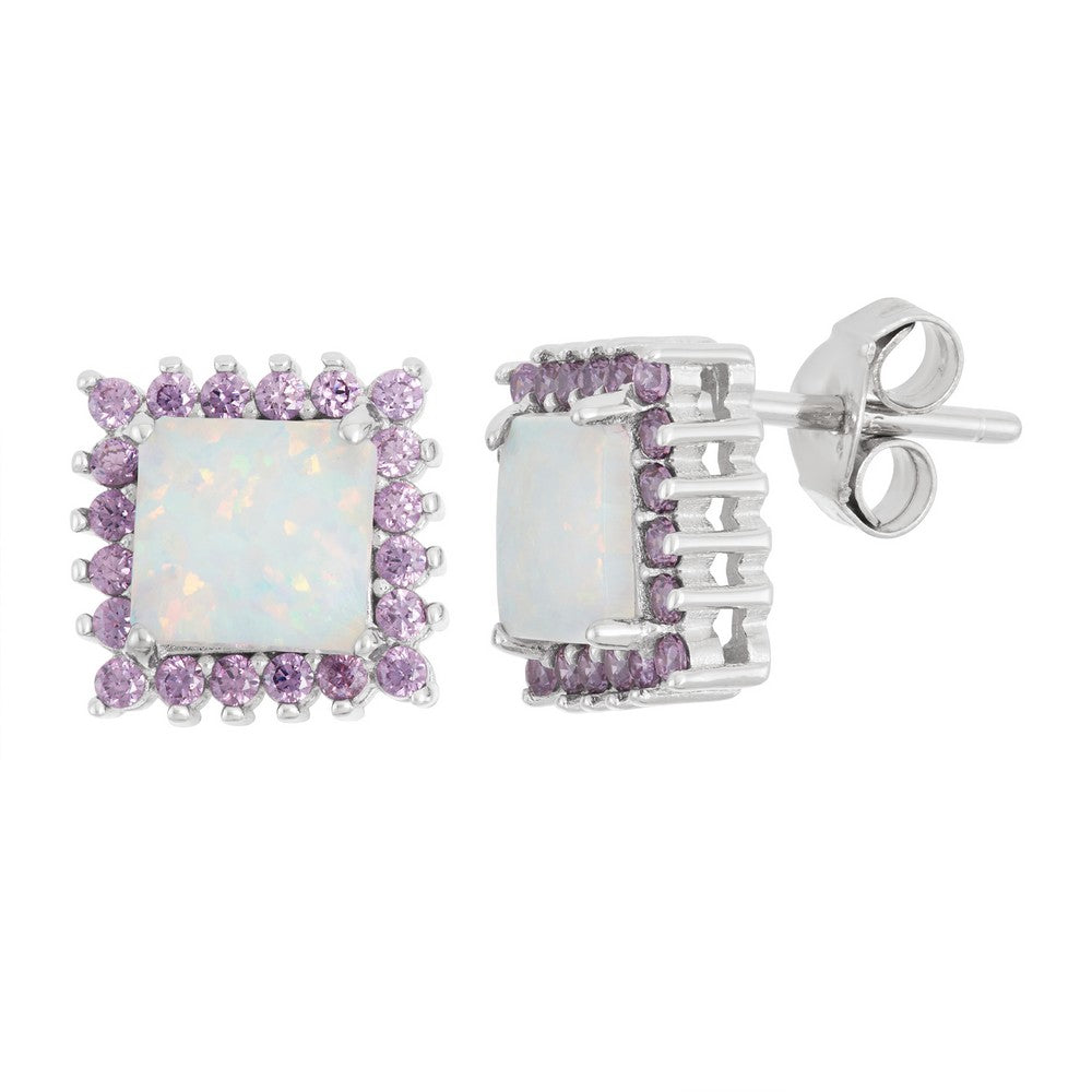 Sterling Silver White Inlay Opal with Surrounding Amethyst CZ Square Stud Earrings