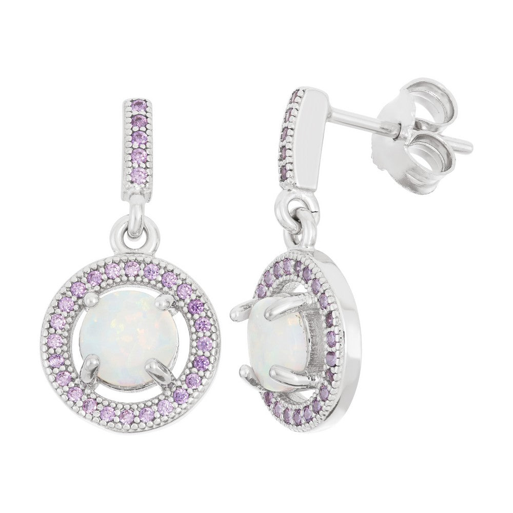 Sterling Silver White Inlay Opal with Surrounding Amethyst CZ Micro Pave Round Earrings