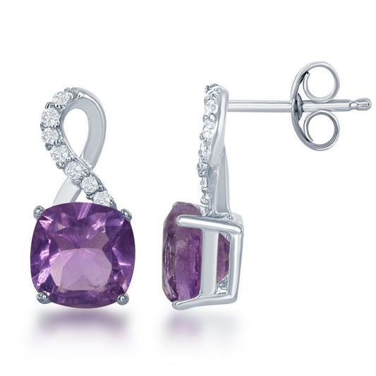 Sterling Silver White Topaz Earrings, with Square Gem - Amethyst