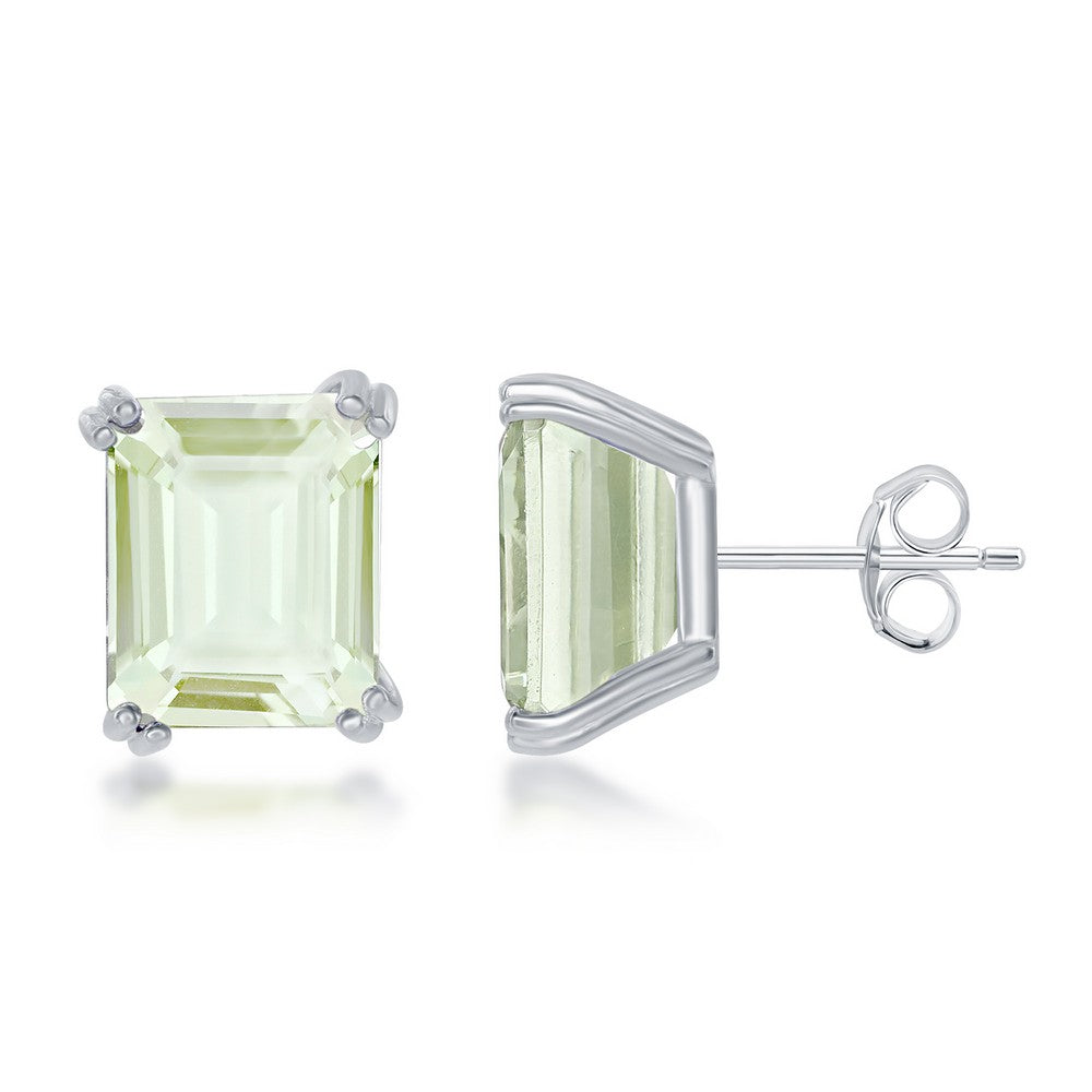 Sterling Silver Rectangle Prong Set Gem Stud Earrings - Green Amethyst