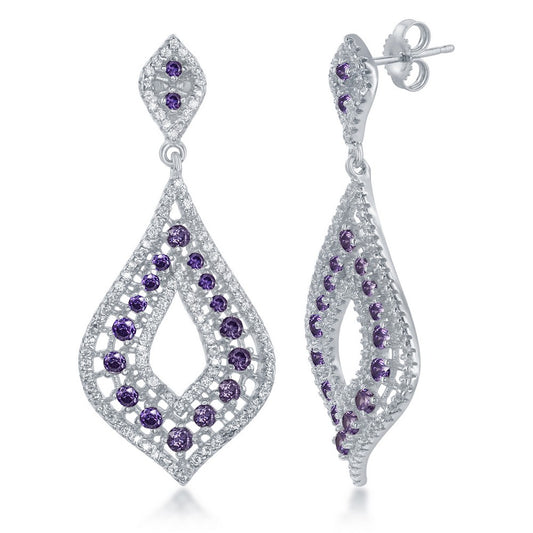 Sterling Silver Open Curved Marquise with Amethyst CZ & White CZ's Earrings