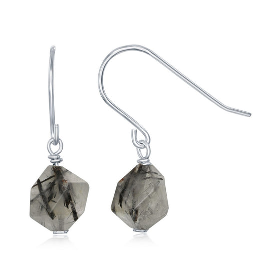 Sterling Silver Black Rutilated 8MM Rock Earrings