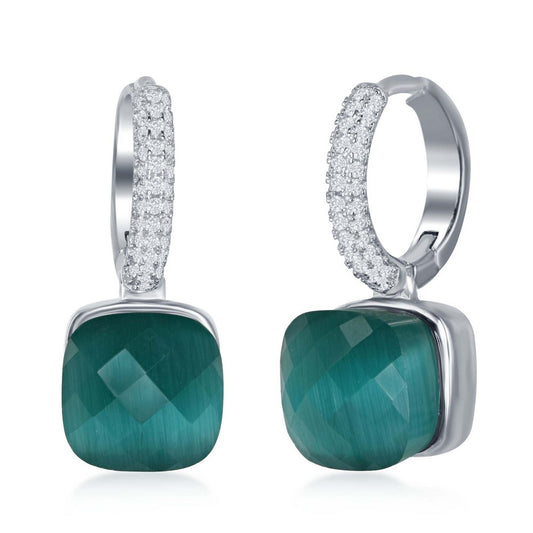 Sterling Silver Top Micro Pave with Checkered Square Green Cat's Eye Earrings