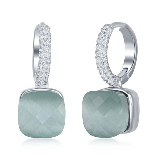 Sterling Silver Top Micro Pave With Checkered Square Blue Cat's Eye Earrings