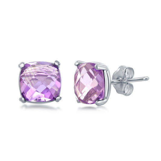 Sterling Silver June Birthstone Square GEM Stud Earrings - Pink Amethyst