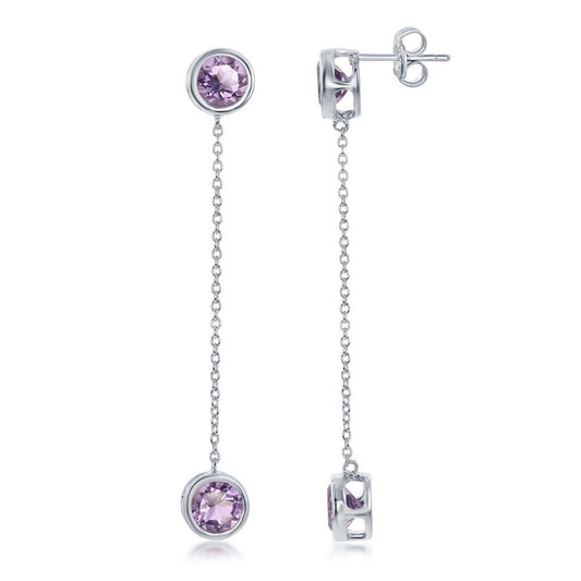 Sterling Silver Round Bezel-Set Amethyst with Hanging Chain Bezel-Set Amethyst Earrings